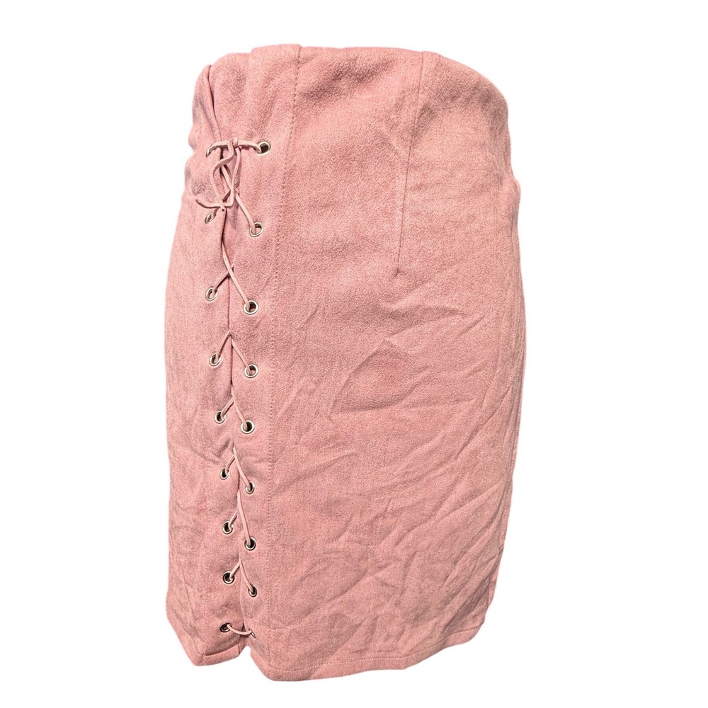 Boutique Pink Faux Suede Lace Up Mini Skirt High Waisted Pencil Medium